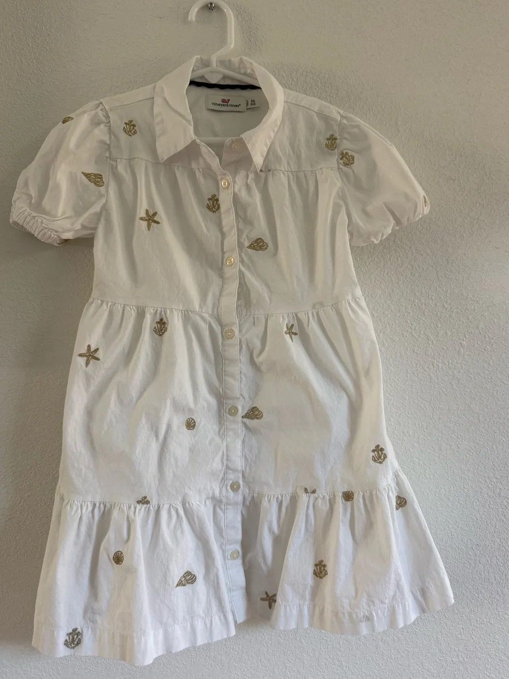 Girls Vineyard Vines White Button-Front Tiered Dress Gold Seashells🐚 XS 5/6